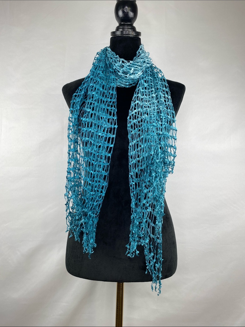 Y2K Aquamarine Ombré Fishnet Satin Knit Scarf Open Weave W/ Fringe 74”X 20”